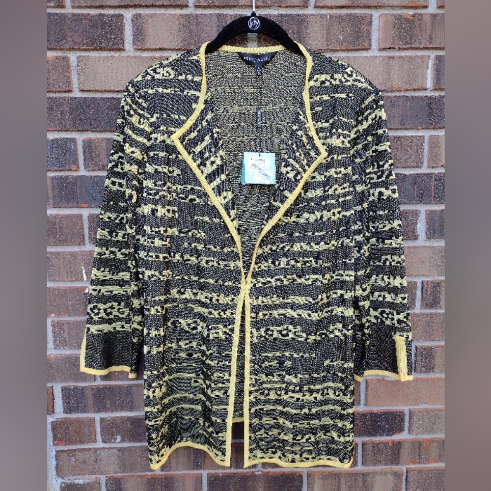 Ming Wang Knit Cardigan Blazer Open Front Slit Sleeve Yellow Black - Picture 6 of 9